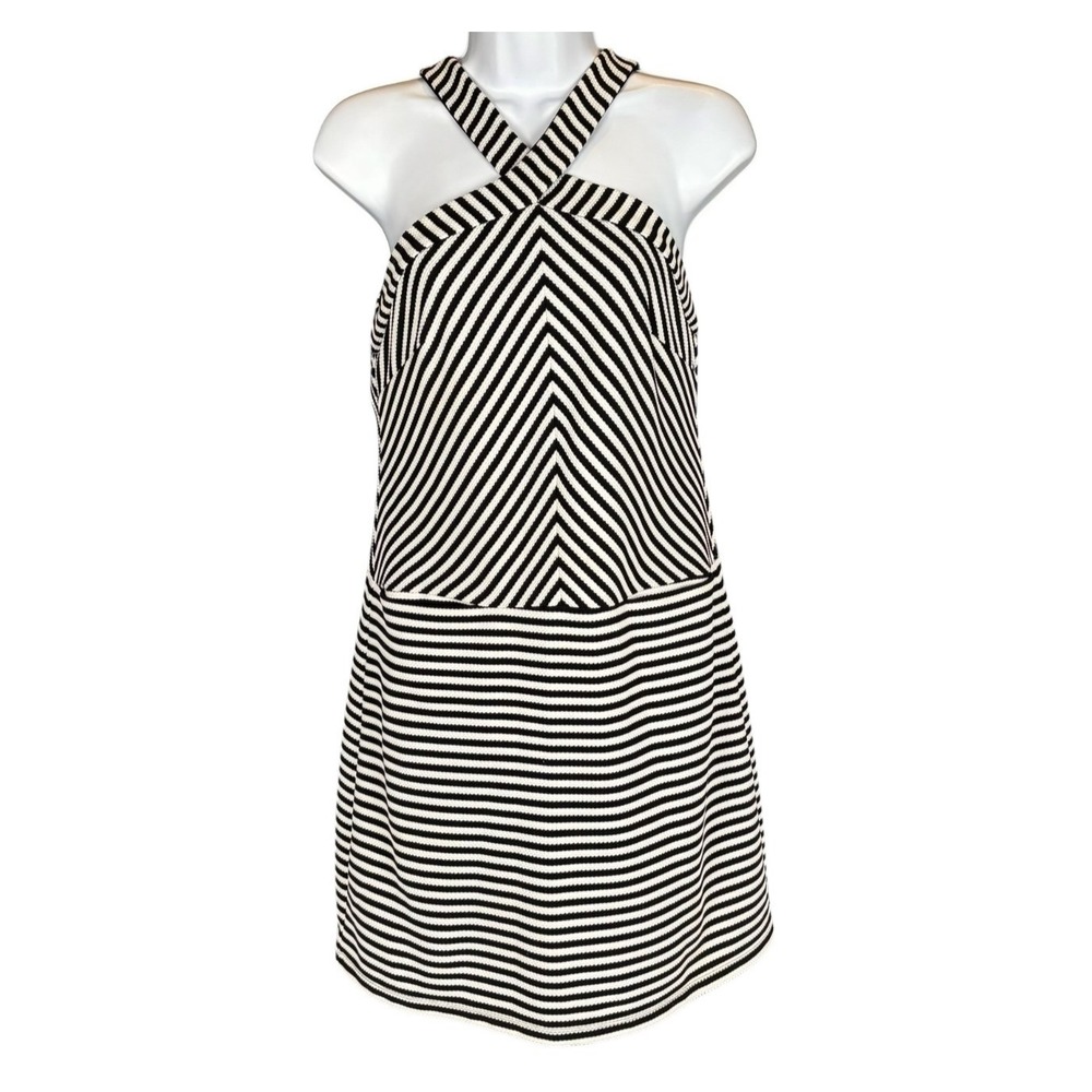 Kaari Navy White Stripe Halter Dress Sz S Retro Shift Mini Mod 60s Thermal Knit